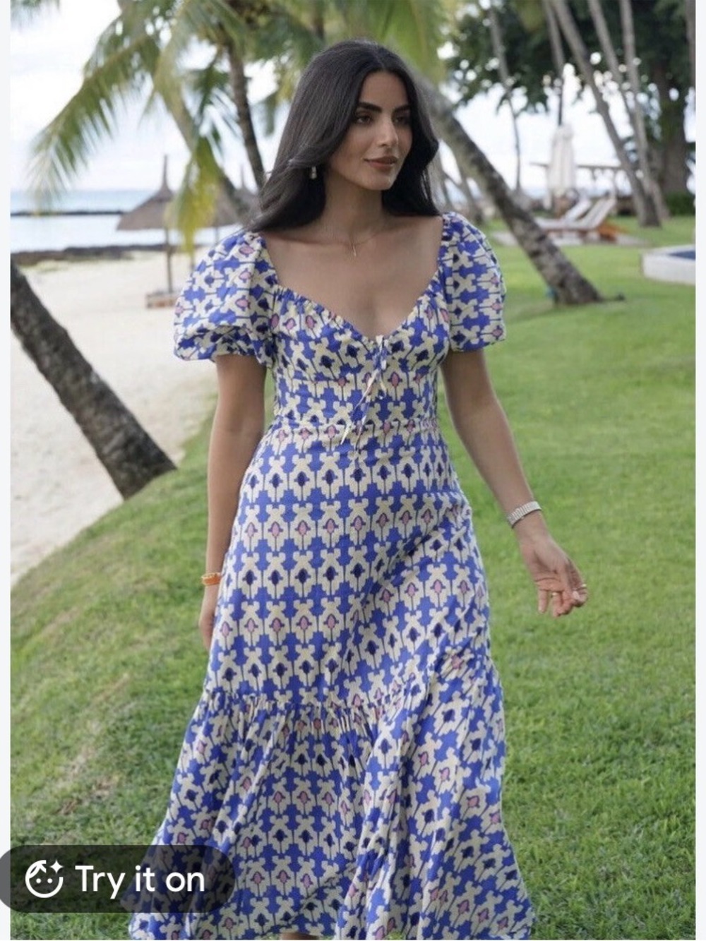 Zara Blue Cream and Pink Floral Puff-Sleeve Maxi Dress